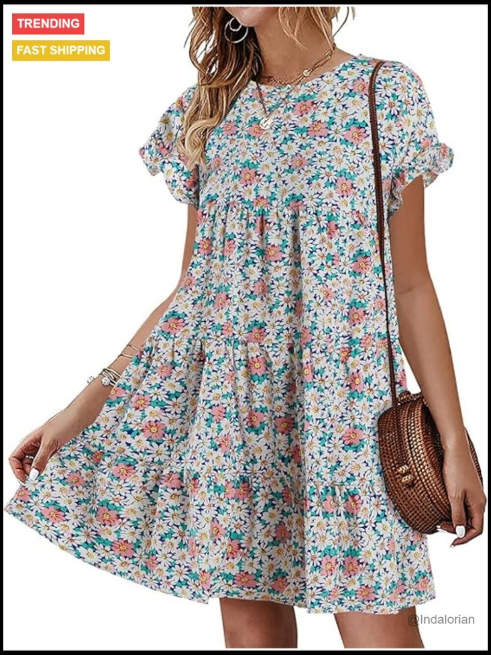 Boho Floral Ruffle Sleeve Babydoll Loose Flowy Casual Summer Pleated Mini Dress
